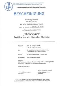Bescheinigung Manuelle Therapie Theoriekurs Physiotherapie Praxis Kreuzlingen Philipp Breitkopf